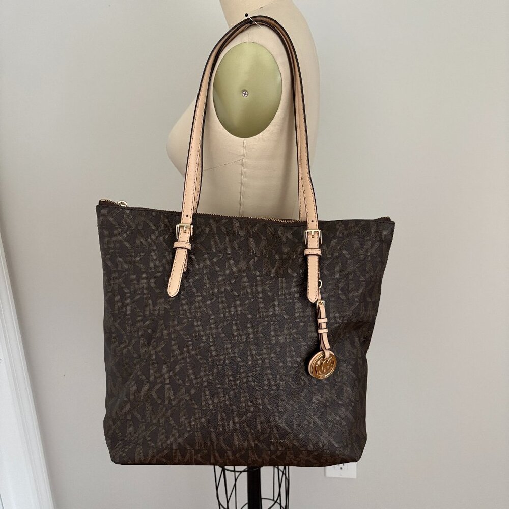 Michael Kors Signature Jet Set North South Top-Zip Tote Bag Brown Casual Luxury